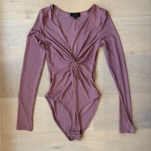 Topshop Ribbed V-Neck Pink Long Sleeve Bodysuit